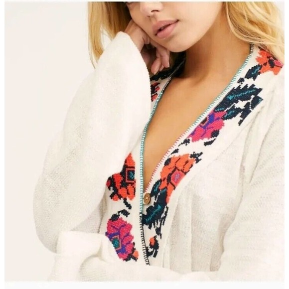 Free People Aztec White Embroidered Tunic Top Boho Hippie Waffle Thermal Large - Picture 15 of 15